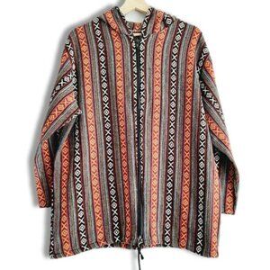 Woven Tribal Boho Full-Zip Hooded Jacket Ethnic Embroidered Fabric Sz L